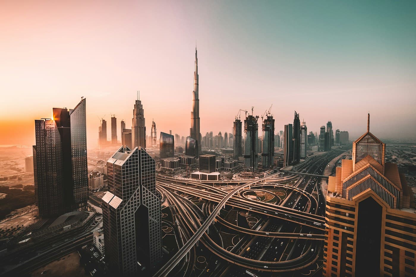 Dubai skyline and transport network at golden hour